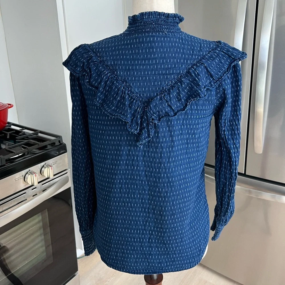 LOFT Dobby Ruffle Prairie Feminine Navy Long Sleeve Buttoned Cotton Blouse Top - Picture 4 of 10